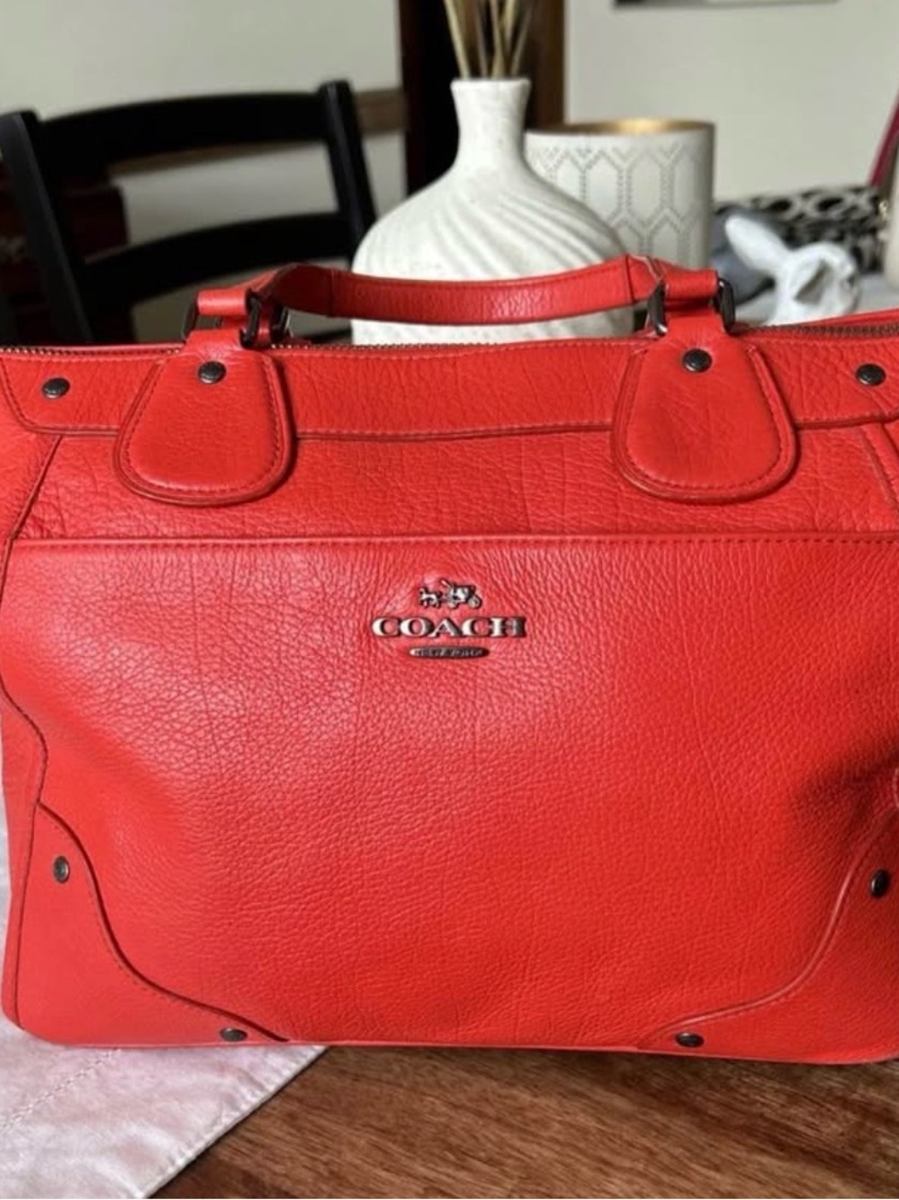 Coach Women’s Cardinal Mickie pebbled Leather Satchel shoulder bag w/dust bag